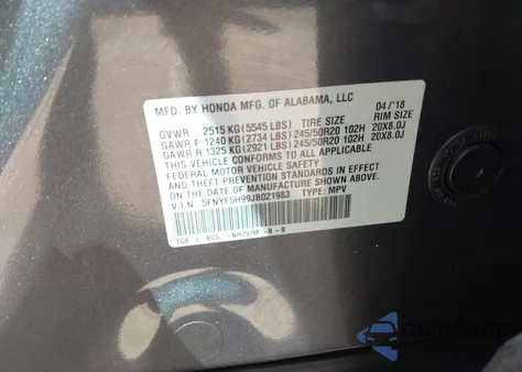 2018 Honda Pilot Touring from USA, damaged, VIN 5FNYF5H99JB021983